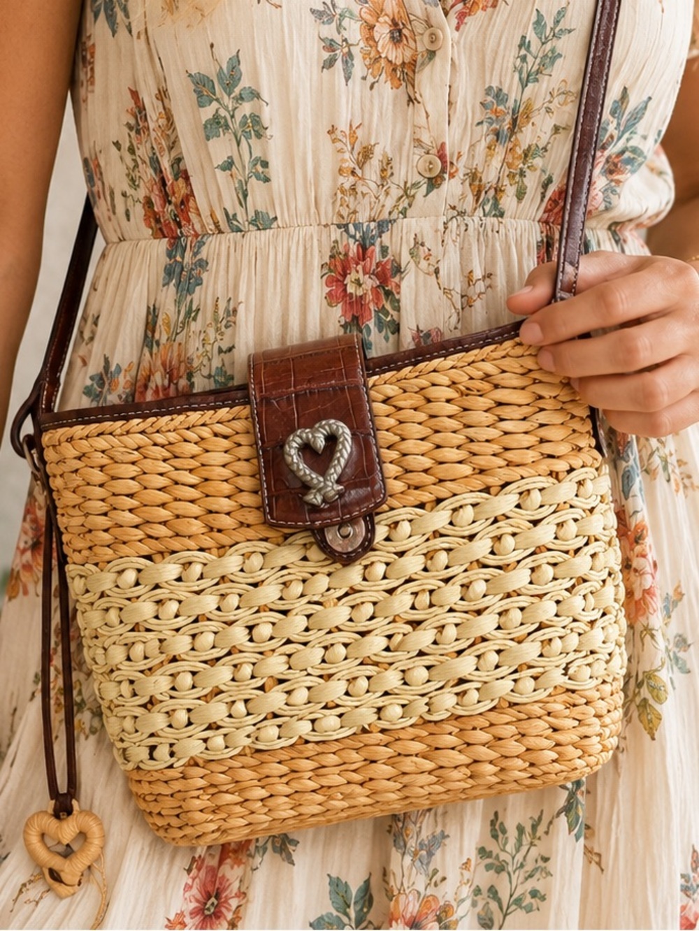 Brighton Woven Straw Crossbody in Natural and Cream with Brown Trim